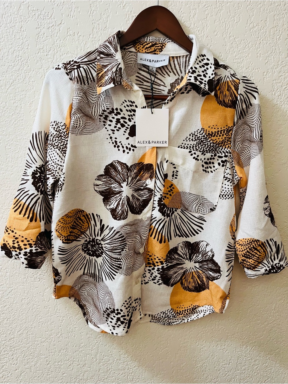 Parker Floral Button-Down Shirt in White, Mustard & Brown